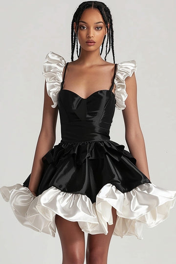 Black A Line Satin Ruffled Short Cocktail Dress